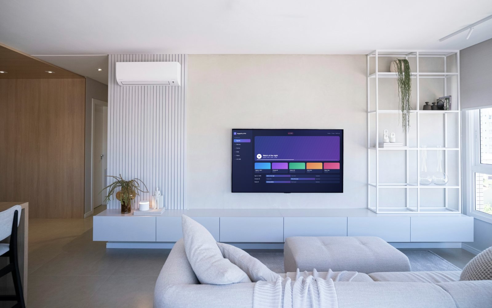 SuperPro IPTV channel guide open on a wall-mounted TV in a bright living room
